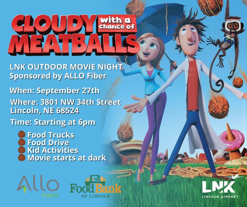 Join us for a fantastic September Free Outdoor Movie Night! ALLO Fiber is hosting a food drive with the Lincoln Food Bank, so bring your canned goods! We’ll have tasty food trucks, cool SWAG from ALLO, and live music. It’s going to be a blast! 
Link to RSVP: https://bit.ly/3z27bCs

ALLO Fiber Nebraska Food Bank of Lincoln